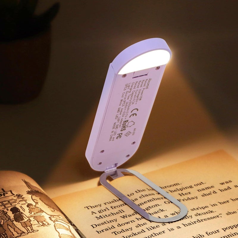 Akomid USB Rechargeable Book Light for Reading in Bed, 8 LEDs Bookmark Style Clip on, Eye-Cared Amber Light Mode for Kids, Blue Light Blocking, Stepless Dimming, Purple - Image 1